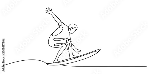 Photography Continuous single line drawing of a person surfing on a surfboard riding a wave