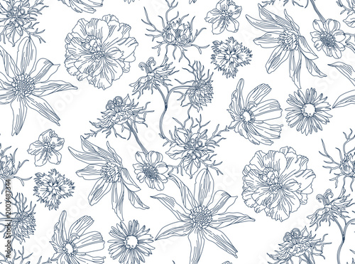 Outline Flower seamless pattern for fabric, wrapping paper and prints	
