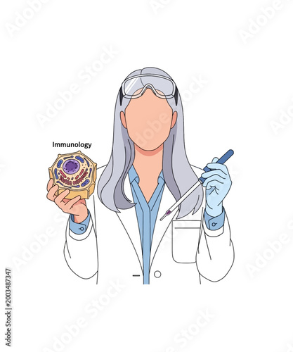 female scientist in lab coat holding virus model immunology research vector illustration