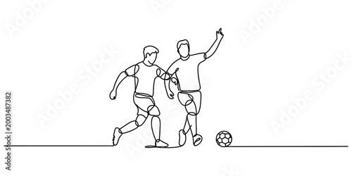 Foto Continuous single line drawing of two soccer players running and competing for t