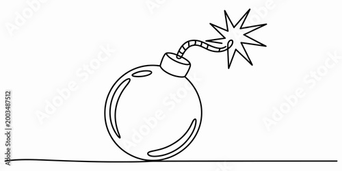 A simple black and white line drawing of a round cartoon bomb with a lit fuse ready to explode as a creative design element Vector, illustration
