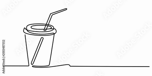 Minimalist continuous single line drawing of a disposable coffee cup with a straw for take away drinks and morning hot beverages Vector, illustration