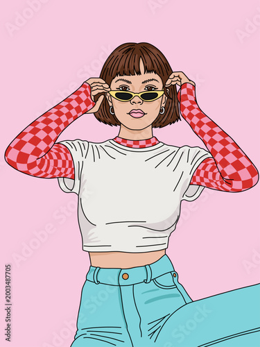 Vector Portrait of a Stylish Futuristic Fashion Young Woman with Trendy Urban Outfit, and Yellow Sunglasses on Pink Background