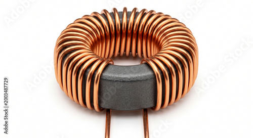 Toroidal inductor coil with copper wire wrapped around a ferrite core, electronic component, macro photography, isolated on white.