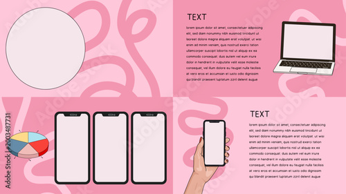 Pink Interactive Illustrated Minimalist Pitch Deck Set with Demographics, Screnshot Mockup, Desktop Laptop and Contact Page with Wavy Background