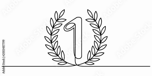 Continuous single line drawing of number one inside a laurel wreath for a first place winner award concept vector illustration Vector, illustration