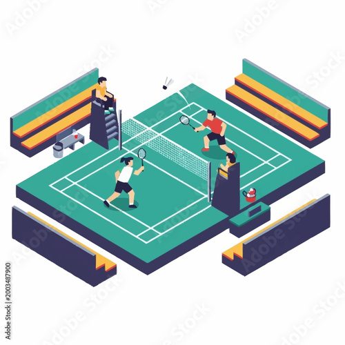 Badminton players compete on court with umpire and spectators watching.