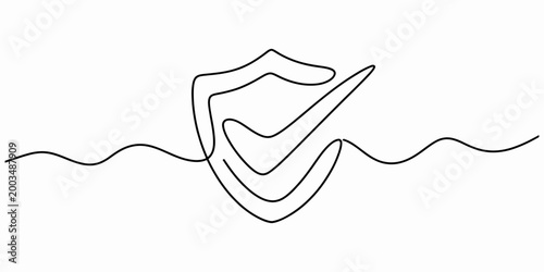 Continuous single line drawing of a shield icon with a check mark symbol representing security and protection for digital safety Vector, illustration