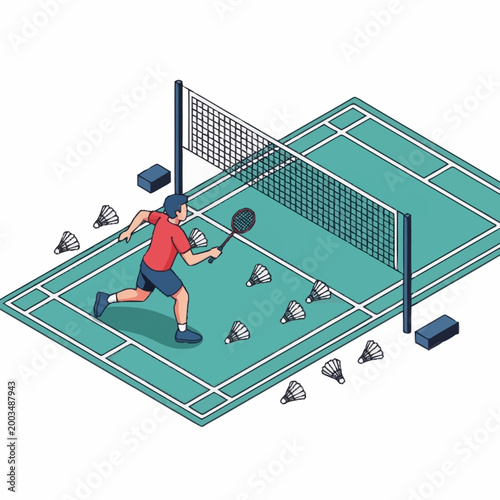 Badminton player practicing serves on court with shuttlecocks.