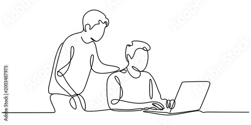 Continuous single line drawing of two colleagues working together on a laptop computer in a modern office team collaboration Vector, illustration