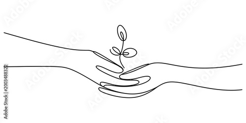 Continuous single line drawing of two hands holding a small green plant sprout representing nature care and environmental growth Vector, illustration