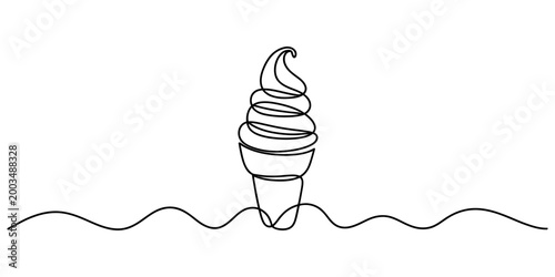 Continuous single line drawing of soft serve ice cream in a waffle cone with a wavy base line for a simple minimalist food design Vector, illustration