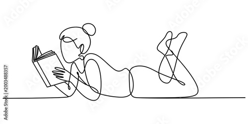Continuous single line drawing of a young woman lying down on her stomach and reading a book with a relaxed and peaceful mood Vector, illustration