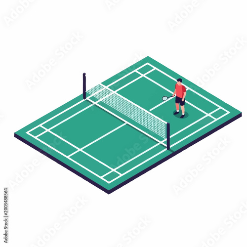 Badminton player on court ready to serve shuttlecock isometric view.