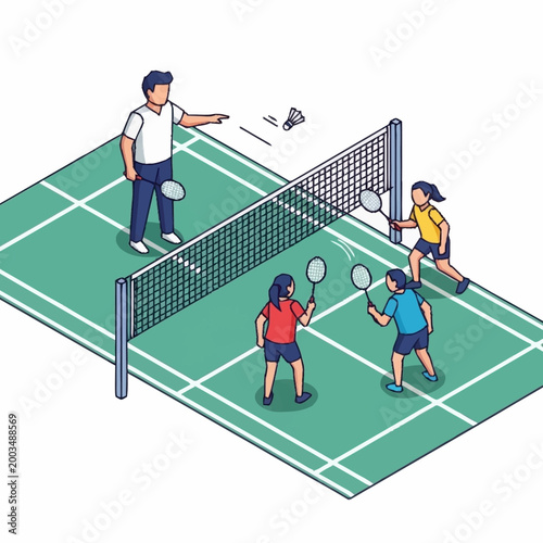 People playing badminton on a court during a game.