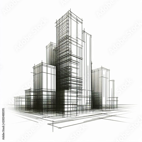 High rise building sketch. Line art