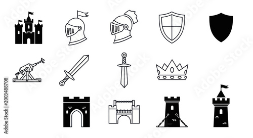 Bild auf Leinwand Medieval armor and castle icons