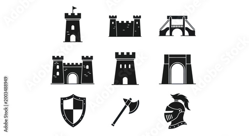 Canvas Print Medieval castle and weaponry silhouettes