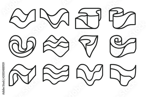 Surreal Terrain Icons. Surreal folded terrains. Line outline icon set of Surreal folded terrains: folded hill,
