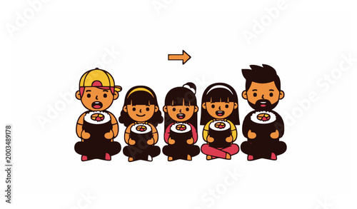 Cute family eating ehomaki sushi for good luck Setsubun tradition Japanese culture cartoon vector illustration