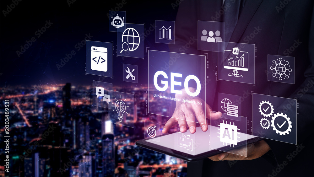 Obraz premium Digital marketing concept featuring GEO strategy, optimizing content for AI search engines and large language models. Evolution of SEO, brand authority, and AI citation visibility. Corpus