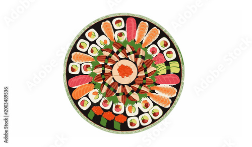 Top view Japanese sushi dish vector illustration with assorted sushi arranged in circular composition
