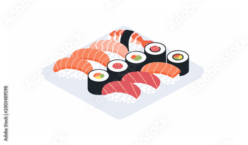Dish full of Japanese sushi vector illustration with assorted nigiri and maki flat design isolated on white