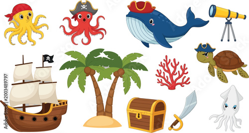 Cartoon pirate treasure island scene illustration Vector