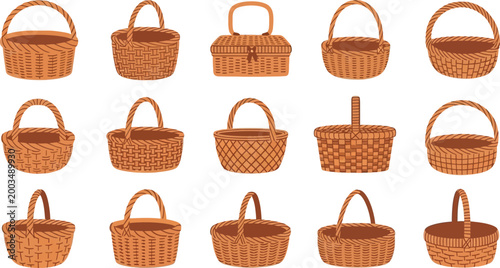 Assorted woven baskets with colorful handles Vector
