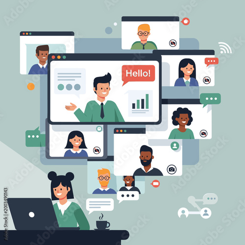 Foto A diverse group of people participating in a virtual meeting or online class, with video call windows showing participants and a presenter