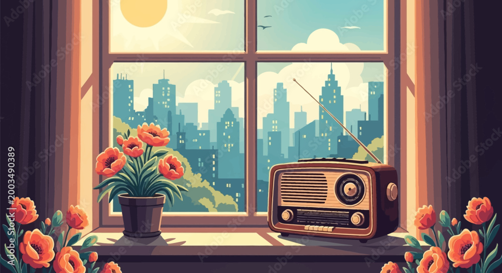 Naklejka premium Vintage retro radio and potted orange flowers on a window sill overlooking a metropolitan city skyline with skyscrapers under a bright sunny sky with clouds and birds in vector style.