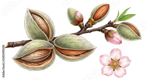 Almond branch with blossoms and nuts isolated on transparent background