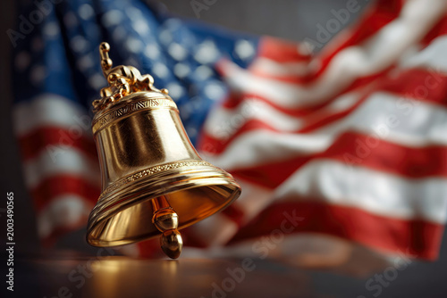 Golden liberty bell in the foreground with a blurred American flag waving in the background, symbolizing US Independence Day and national pride