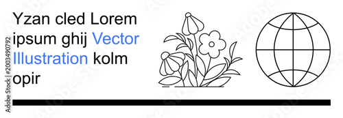 Ecology, global connection, sustainability, nature preservation, environmental awareness, floral design. Black and white flowers alongside a globe visual with text elements. Nature preservation