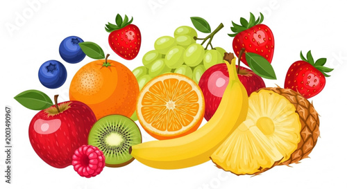 A colorful vector illustration of a variety of fresh fruits including apples, bananas, and berries arranged together on a white background vector