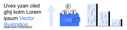 Financial growth, digital economy, data security, investments, business analytics, monetary transactions. Digital wallet with coins, arrow icon bar chart. Financial growth and digital economy