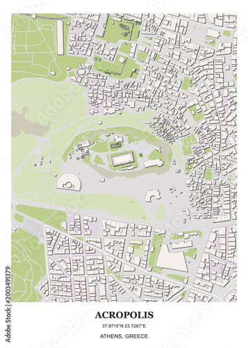 Detailed urban map and architectural site layout of the Acropolis of Athens and surrounding districts in Athens, Greece.