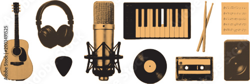 halftone pop art music instruments set with guitar microphone headphones vinyl and audio equipment collection
