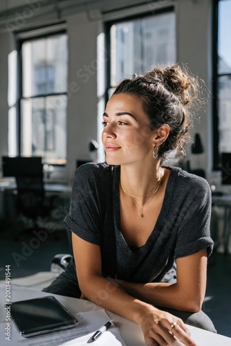 Free Download Confident Young Woman in Bright Modern Office with Tablet on Desk - GFXLoad