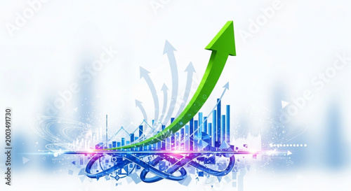 A vibrant green arrow ascends sharply upwards amidst a dynamic array of blue bar graphs and arrows on a white background with abstract blue and purple accents in a modern vector graphic design vector