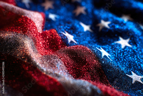 Close-up view of American flag fabric with shimmering red, white, and blue colors, featuring stars and stripes, ideal for celebrating US Independence Day