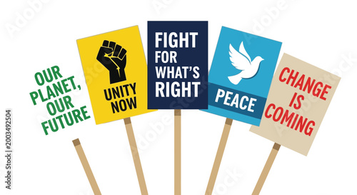 Collection of protest signs advocating for planet, unity, justice, peace, and change.