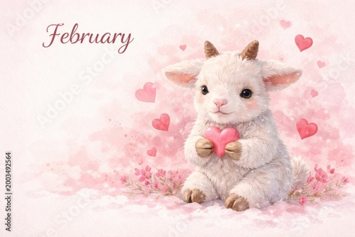Cute baby goat holding heart on February background.