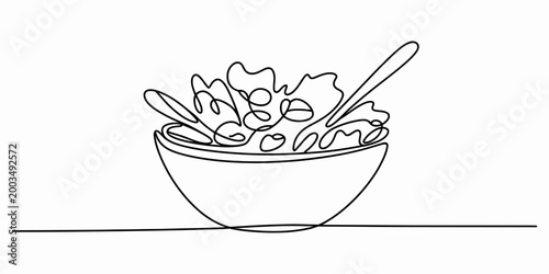 Fresh vegetable salad bowl with lettuce and herbs drawn in a minimalist continuous single line art style for healthy food design Vector, illustration