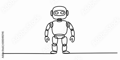 A simple continuous single line drawing of a cute little robot standing on a straight horizontal line in a minimalist vector style Vector, illustration