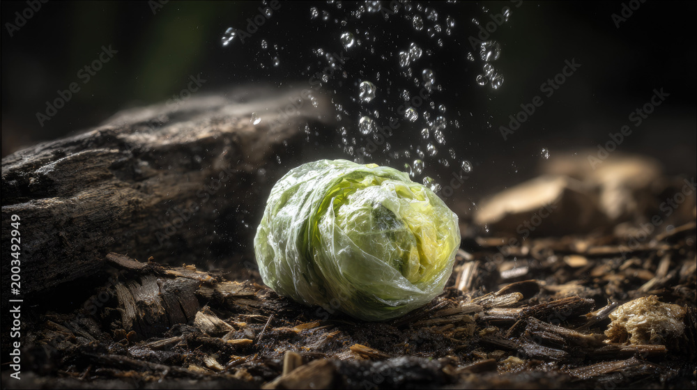 Obraz premium Nature inspired fiber food wrap keeps vegetables fresh and protected in natural environment with moisture droplets highlighting freshness and eco friendly packaging