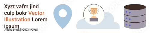 Business success, data storage, location mapping, achievement, cloud technology, digital tracking. Icons of a location pin, trophy on a cloud and database. Business success and data storage concepts