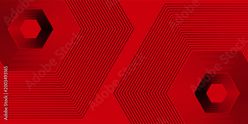Abstract red background with black geometric hexagonal line patterns. Modern minimalist design for tech, gaming, or corporate presentation backdrop.