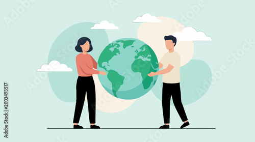 Man and woman holding Earth globe: global environmental care concept
