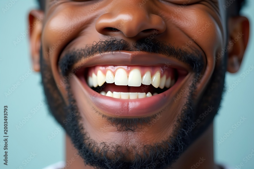 Fototapeta premium Close-Up Shot of an African American Man Flaunting His Bright Smile with Newly Implanted Teeth, Demonstrating Ideal Dental Treatment and Whitening.
